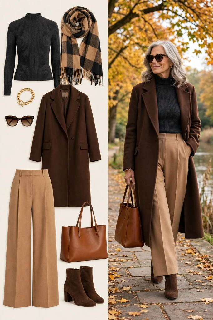 Black Turtleneck with Camel Wide-Leg Trousers
