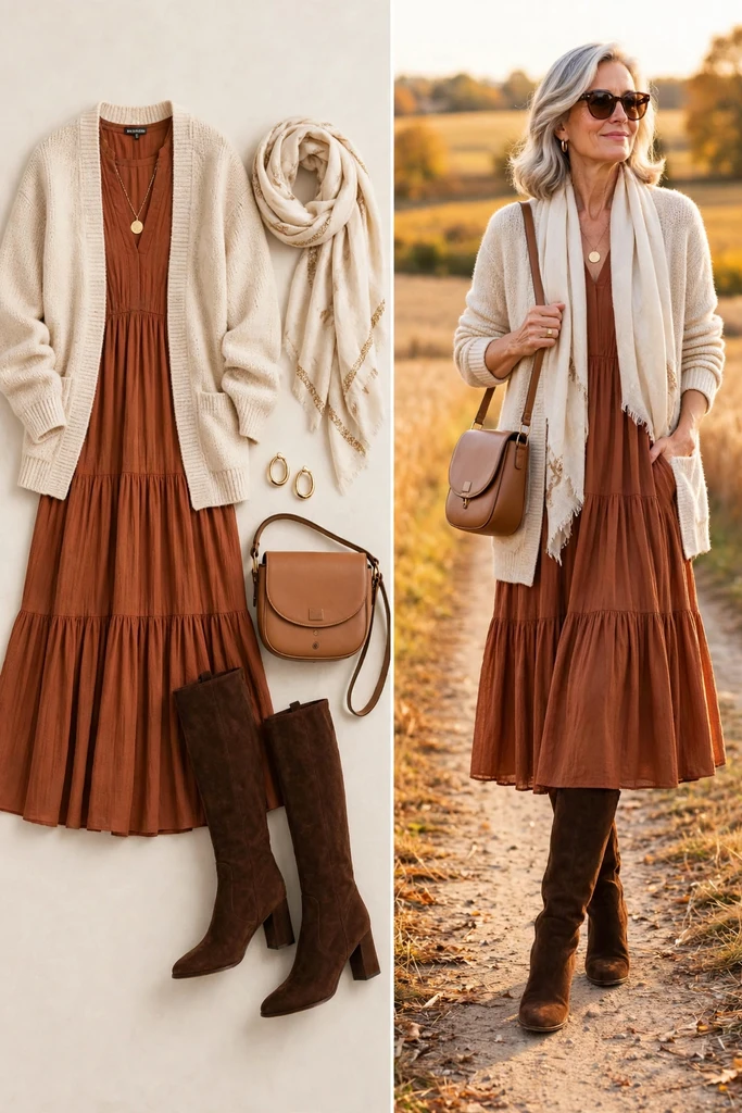 Olive Dress with Cognac Boots