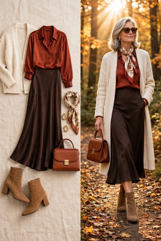 Rust Blouse with a Flowing Brown Skirt