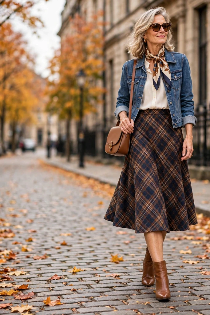 Denim Jacket, Plaid Skirt, and Boots