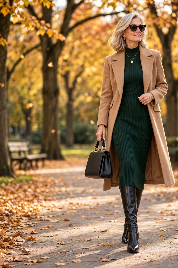Green Ribbed Dress with a Camel Coat