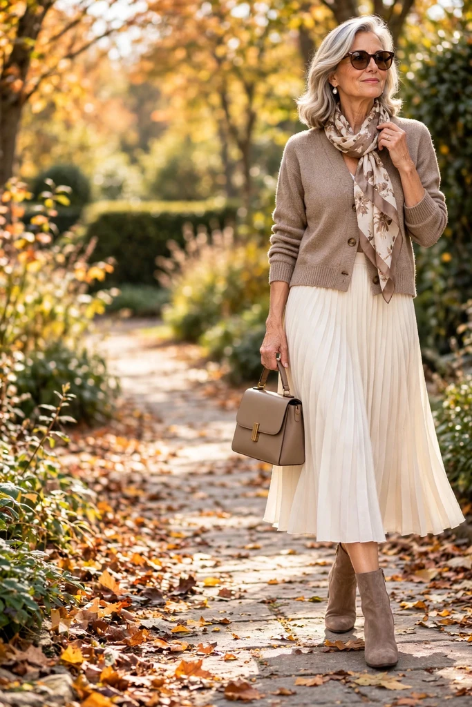 Taupe Cardigan with Cream Pleats