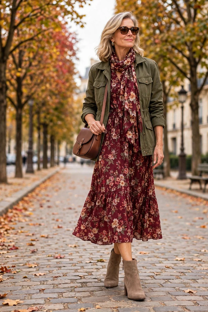 Burgundy Floral Dress with a Utility Jacket
