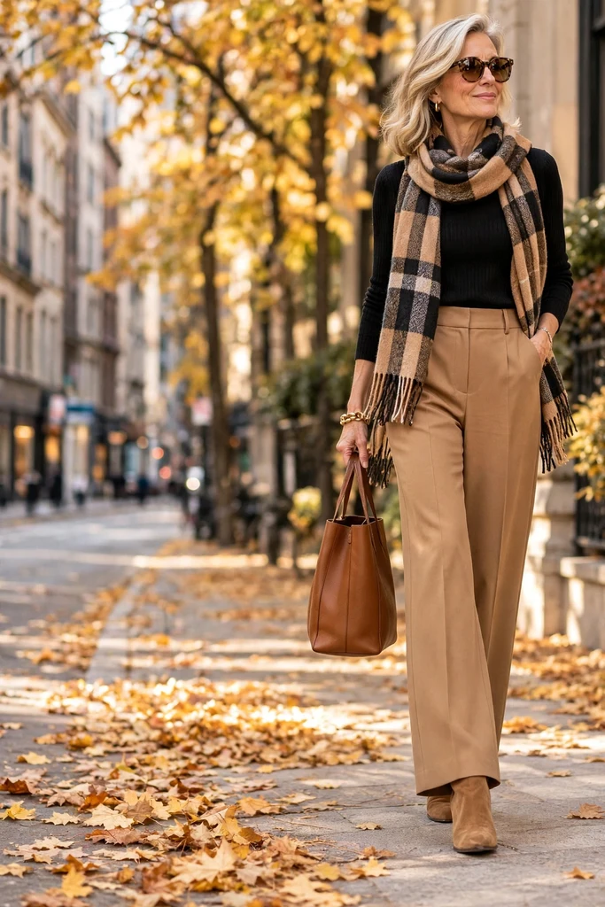 Black Knit with Camel Trousers