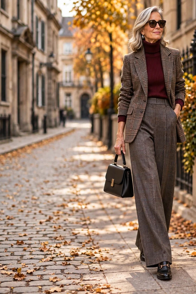 Burgundy Turtleneck with Plaid Tailoring