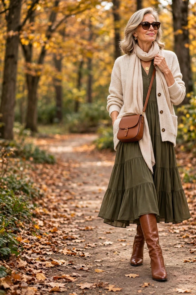 Olive Tiered Dress with Soft Neutrals