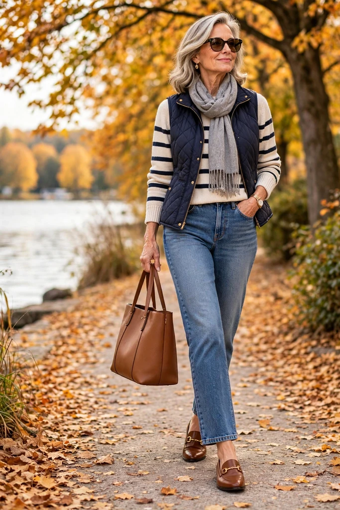 Striped Sweater with Navy Quilting