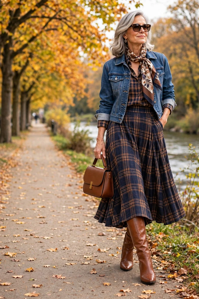 Denim Jacket with Plaid Midi Layers