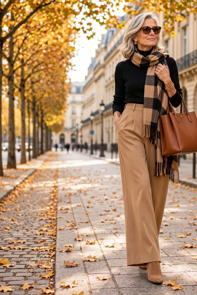 Black Turtleneck with Camel Wide-Leg Trousers