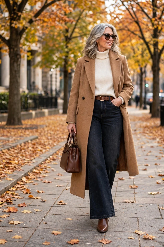 Camel Coat with Cream Knit and Denim