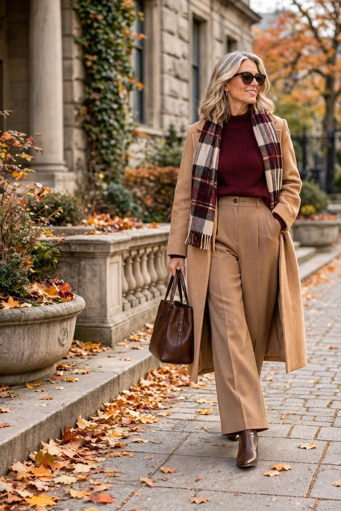 Burgundy Knit with Camel Trousers