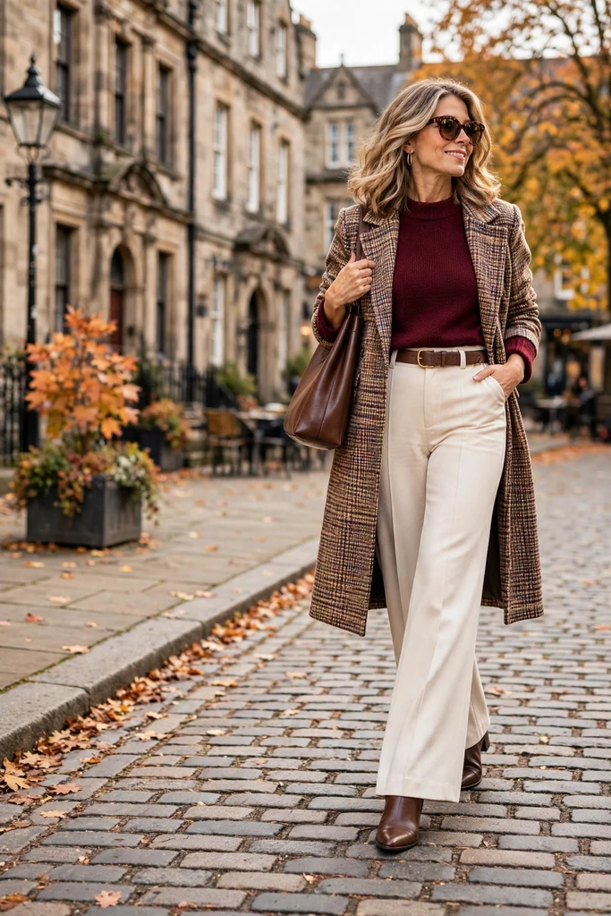 Plaid Coat, Burgundy Knit, and Ivory Pants