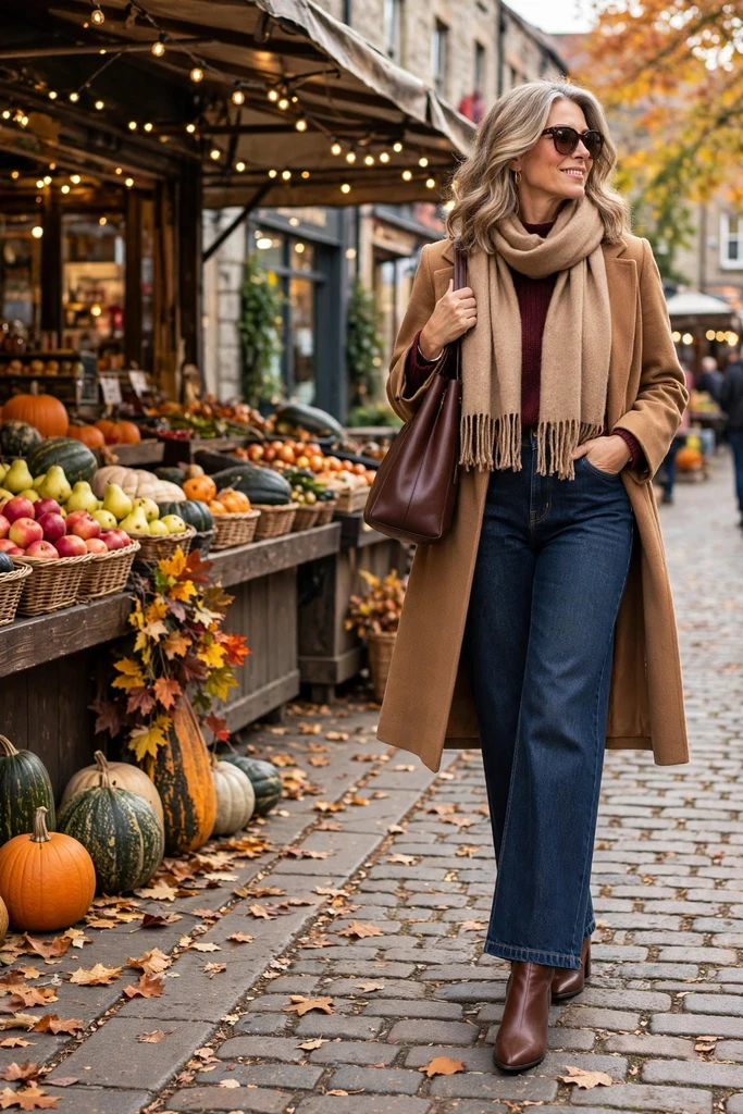 Burgundy Sweater with Denim and Camel
