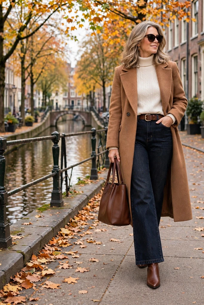 Cream Turtleneck with Camel and Denim