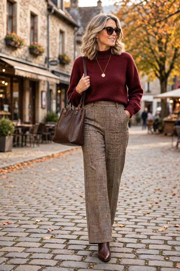 Burgundy Knit with Brown Plaid Trousers