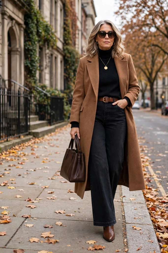 Camel Coat with Dark Denim Basics