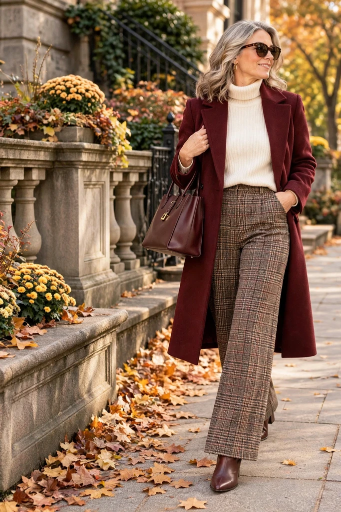 Burgundy Coat with a Cream Knit