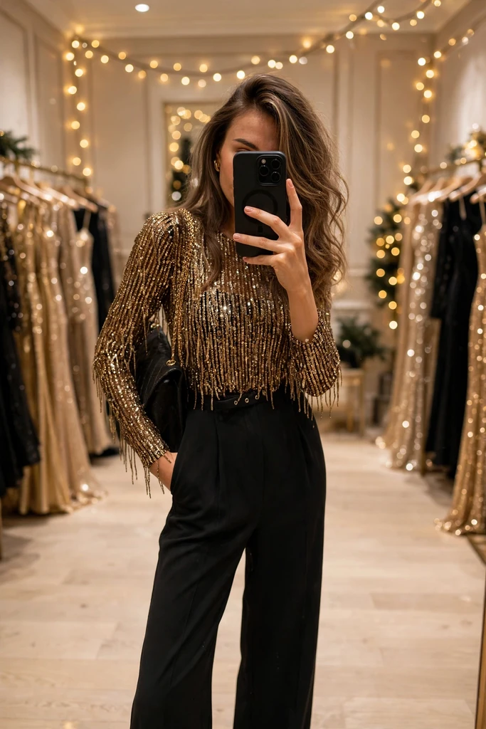 A Beaded Fringe Top With Sleek Black Trousers