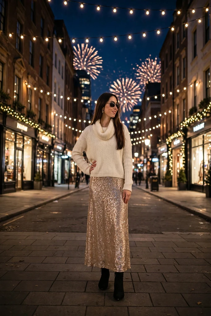 A Cozy Black Sweater Over a Sequin Maxi Skirt