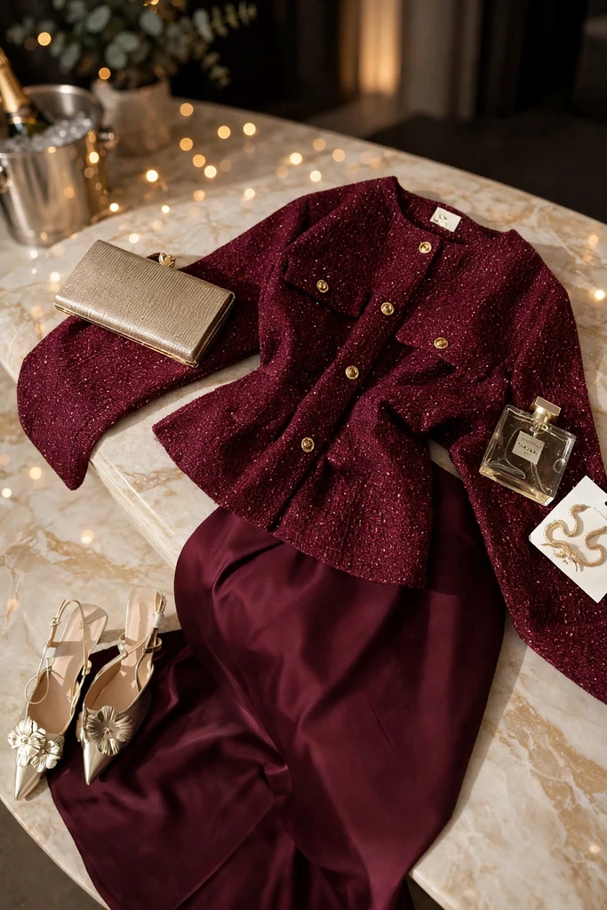 Burgundy Tweed Paired With Satin Separates