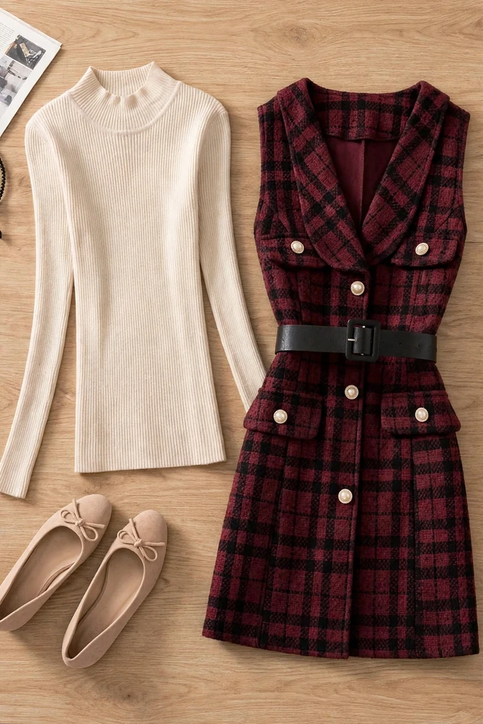A Checked Dress Layered Over Black Knit