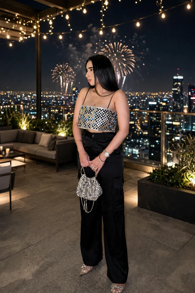 A Mirror-Sequin Top With Black Trousers