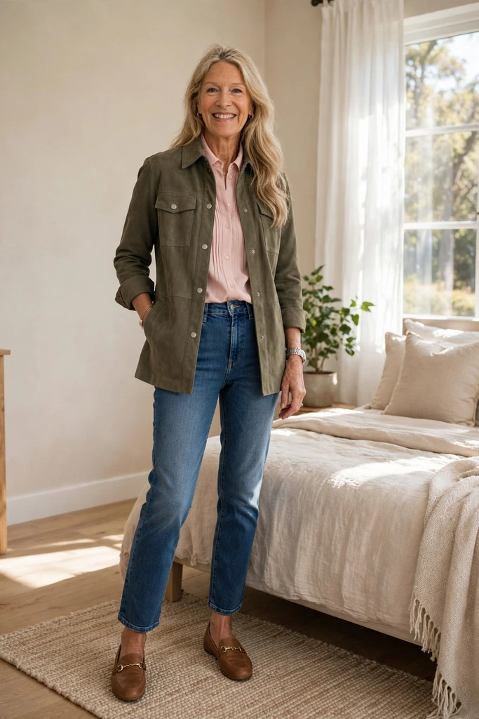 Beige Utility Jacket, White Shirt and Straight Jeans