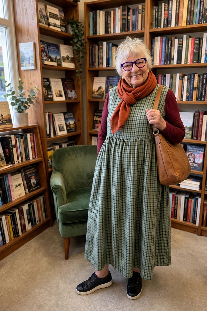 Brown Plaid Dress Layered With a Pink Scarf