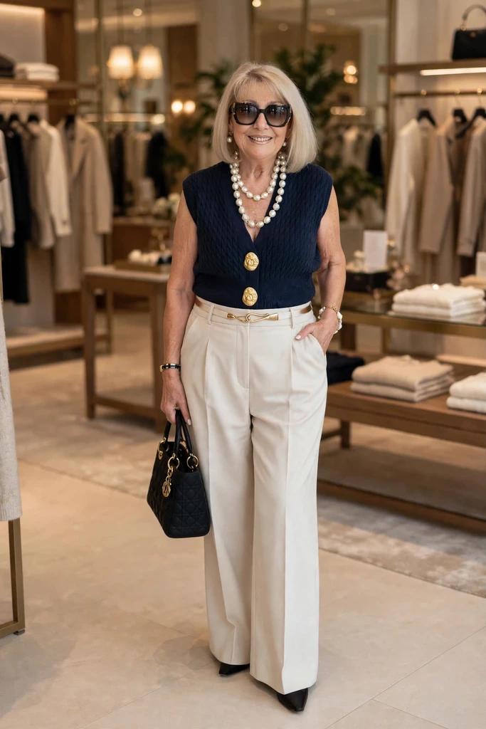 White Knit Vest With Black Wide-Leg Trousers