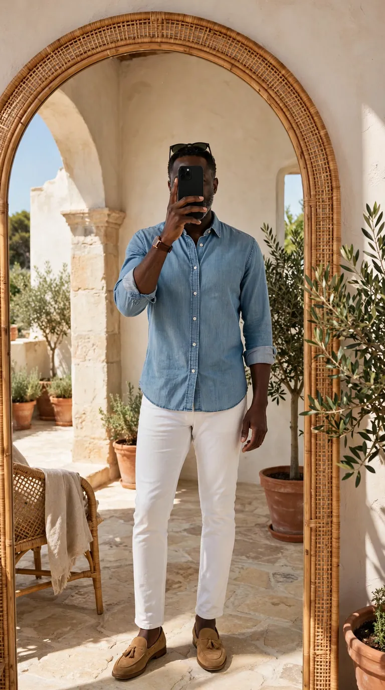 Black man in a light blue chambray shirt with white jeans and tan suede loafers, mirror selfie