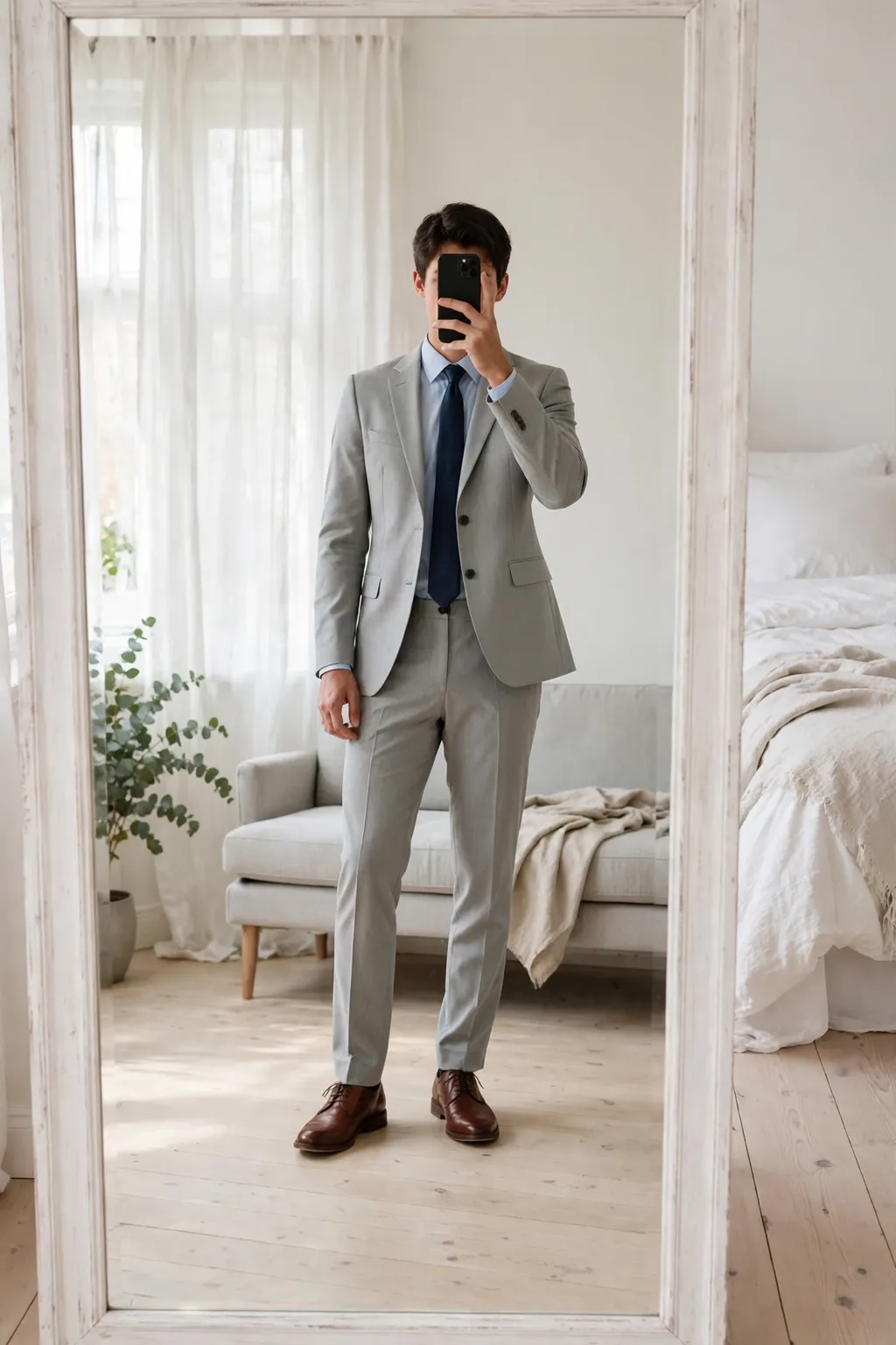 Young man in a light gray suit with pale blue shirt and navy tie, mirror selfie