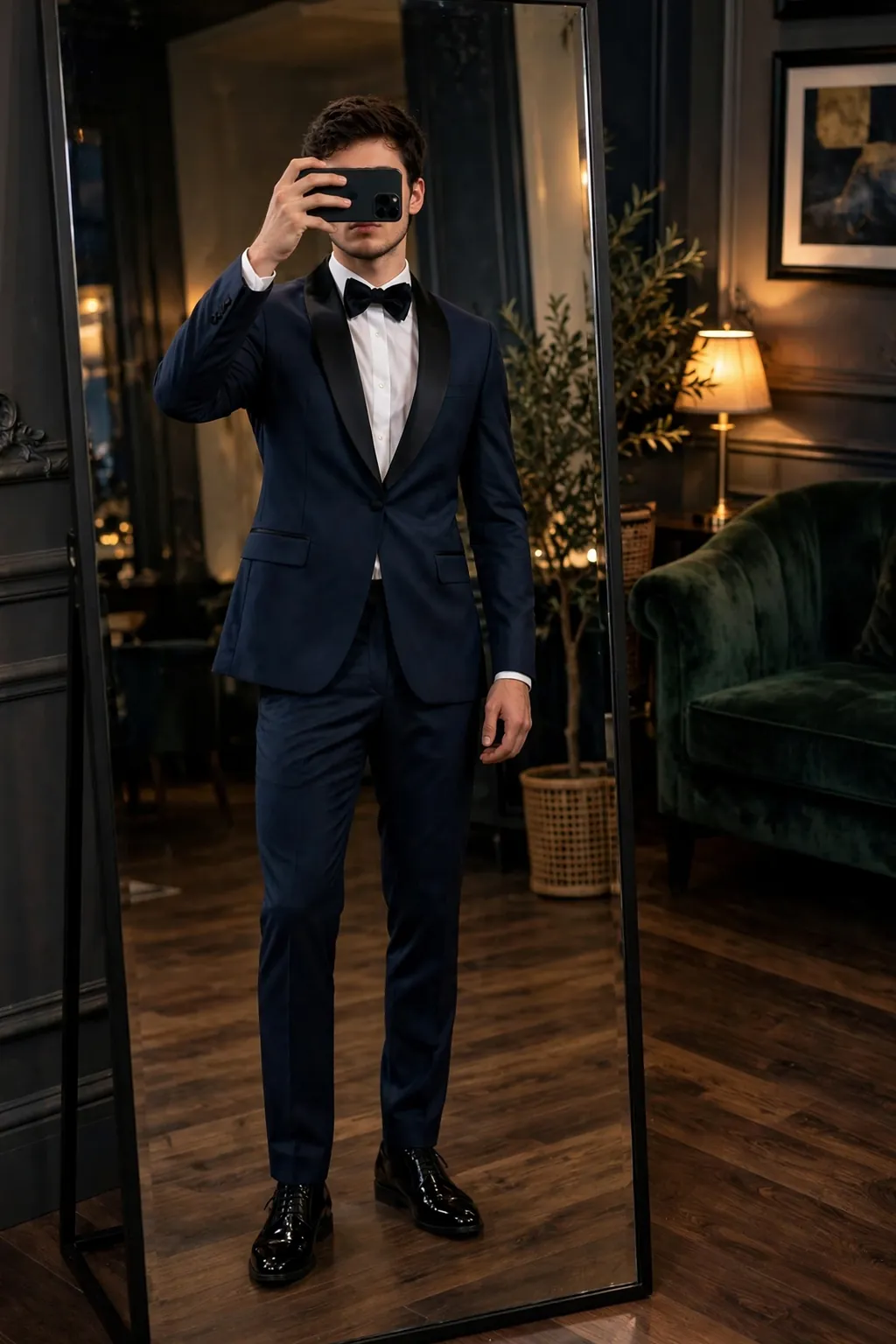 Young man in a midnight blue tuxedo with shawl collar and black bow tie, mirror selfie