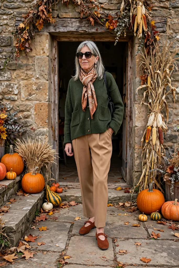 moss-cardigan-and-camel-trousers