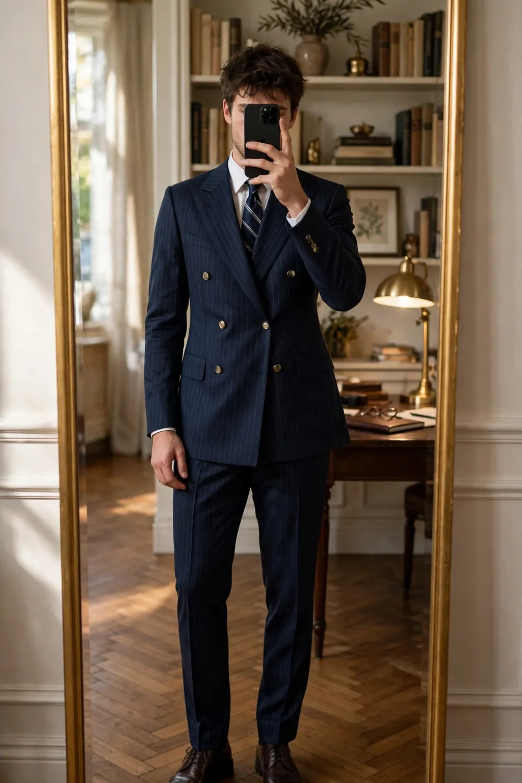 Young man in a navy double-breasted pinstripe suit with striped tie, mirror selfie