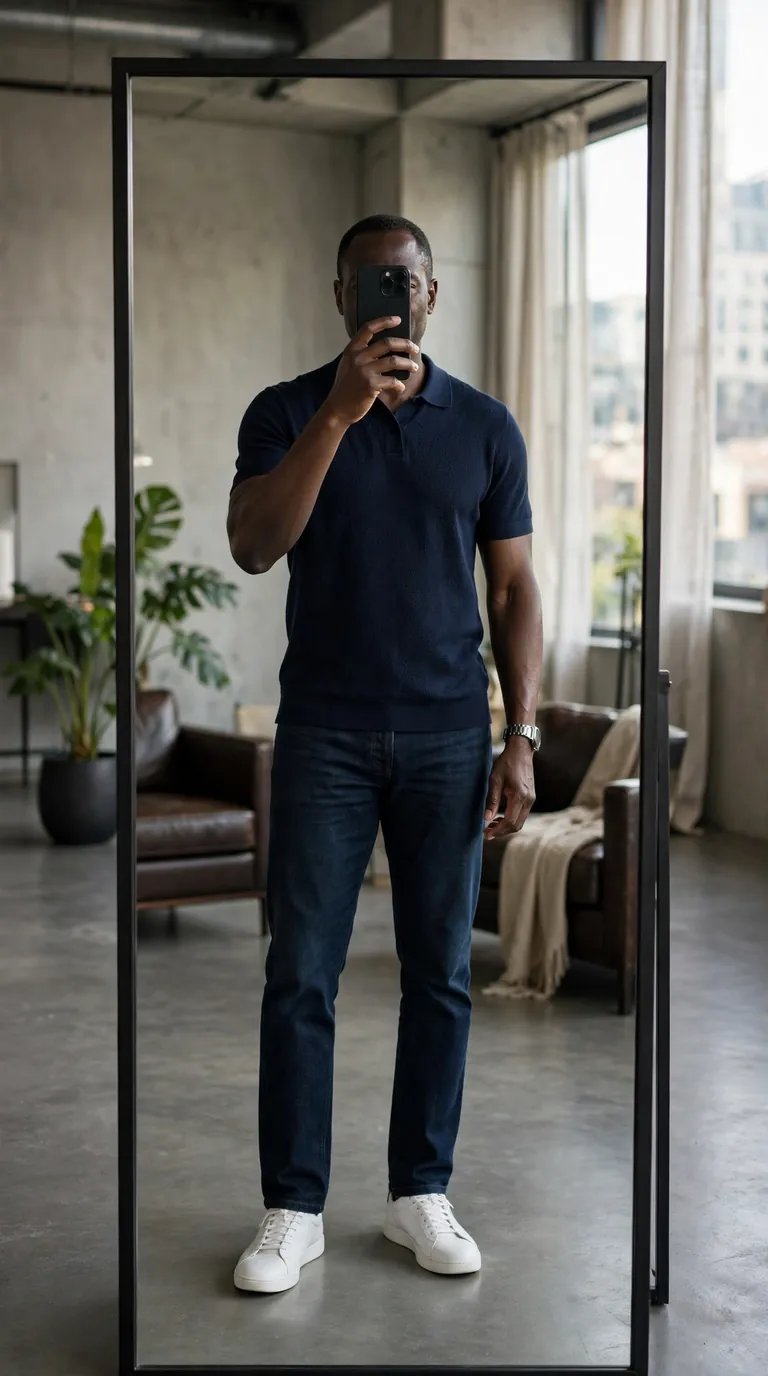 Black man over 40 in a navy knit polo, dark indigo jeans and white leather sneakers, mirror selfie