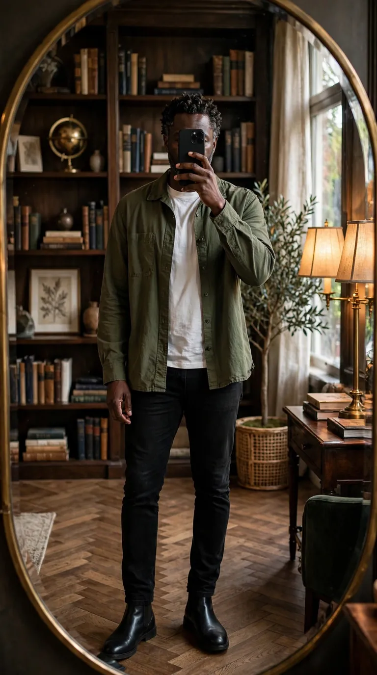 Black man in an olive overshirt over a white tee with black jeans and Chelsea boots, mirror selfie