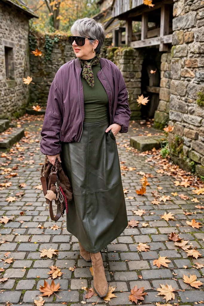 plum-bomber-and-moss-leather-skirt