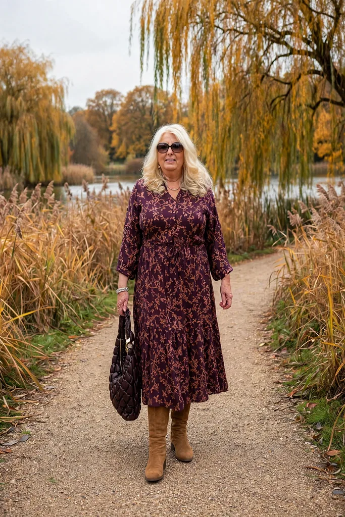 plum-floral-dress-and-tall-tan-boots