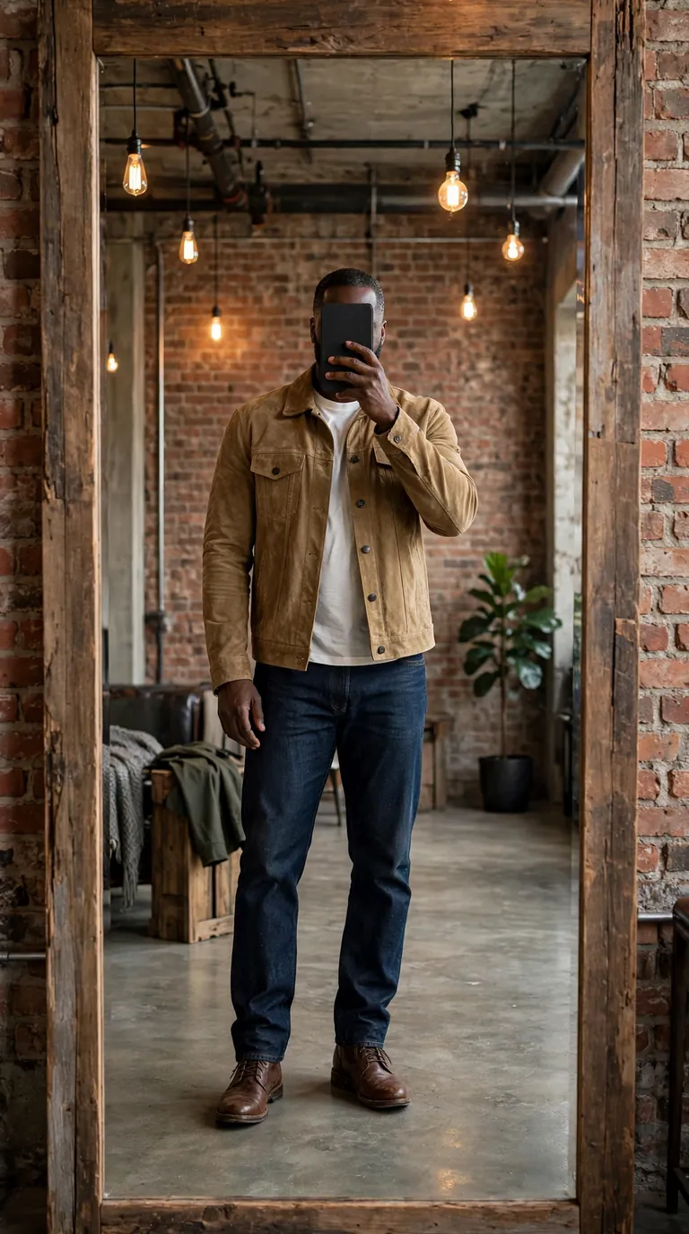 Black man in a tan suede trucker jacket over a white tee with raw denim jeans, mirror selfie