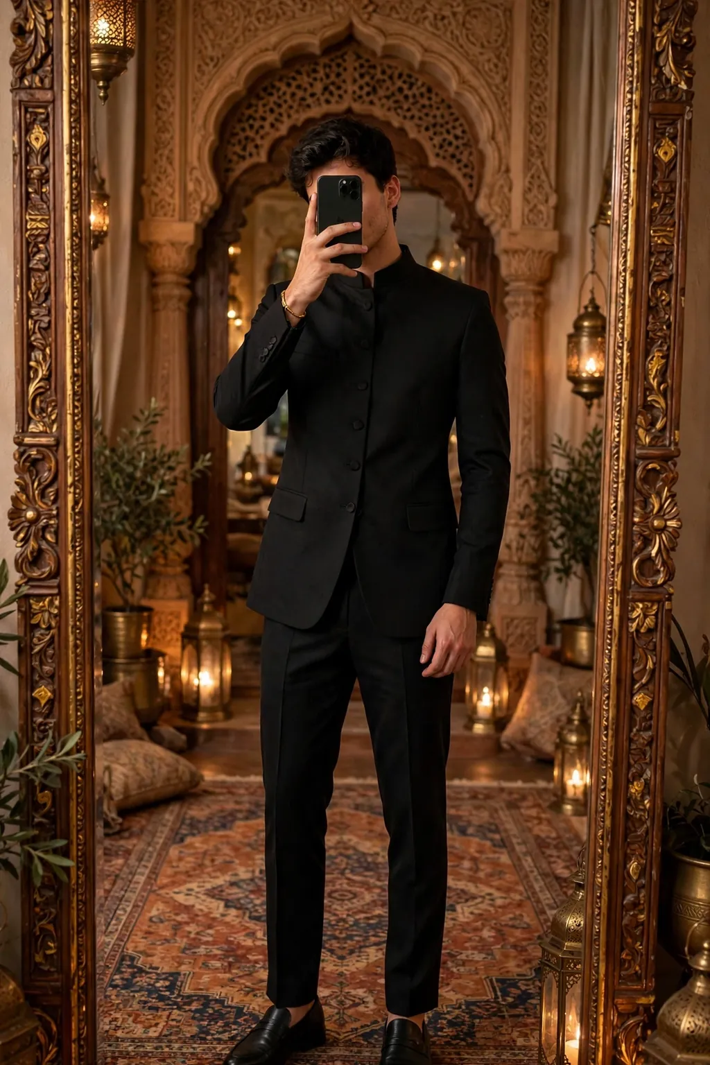 Young man in a black bandhgala suit with mandarin collar, mirror selfie