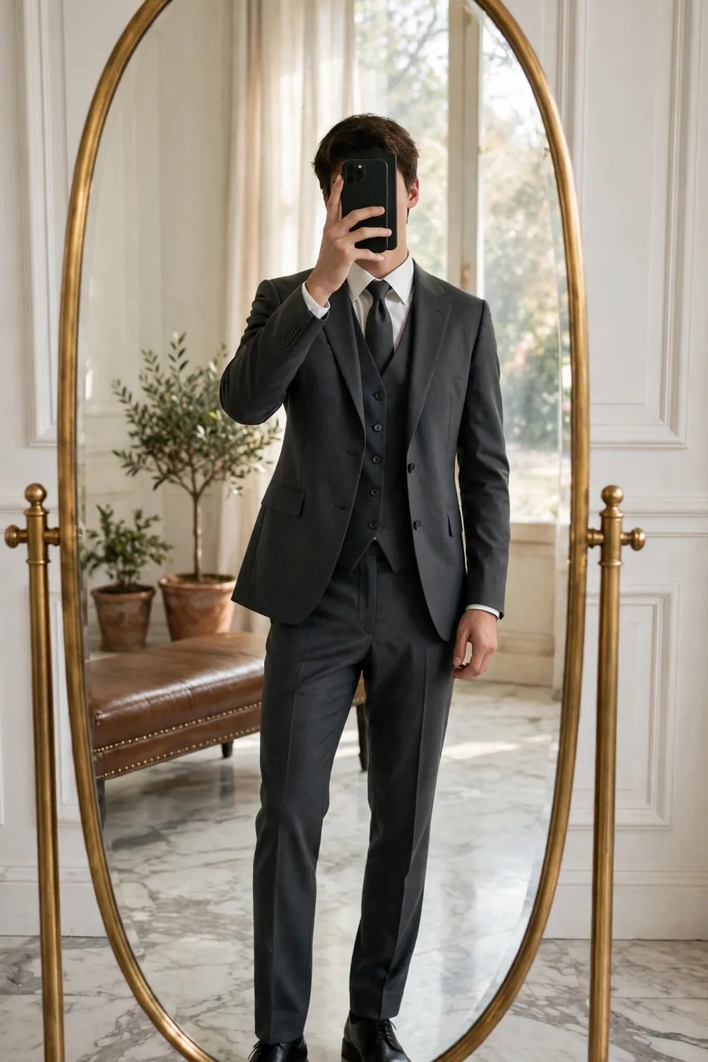 Young man in a charcoal three-piece suit with peak lapels, white shirt and dark tie, mirror selfie