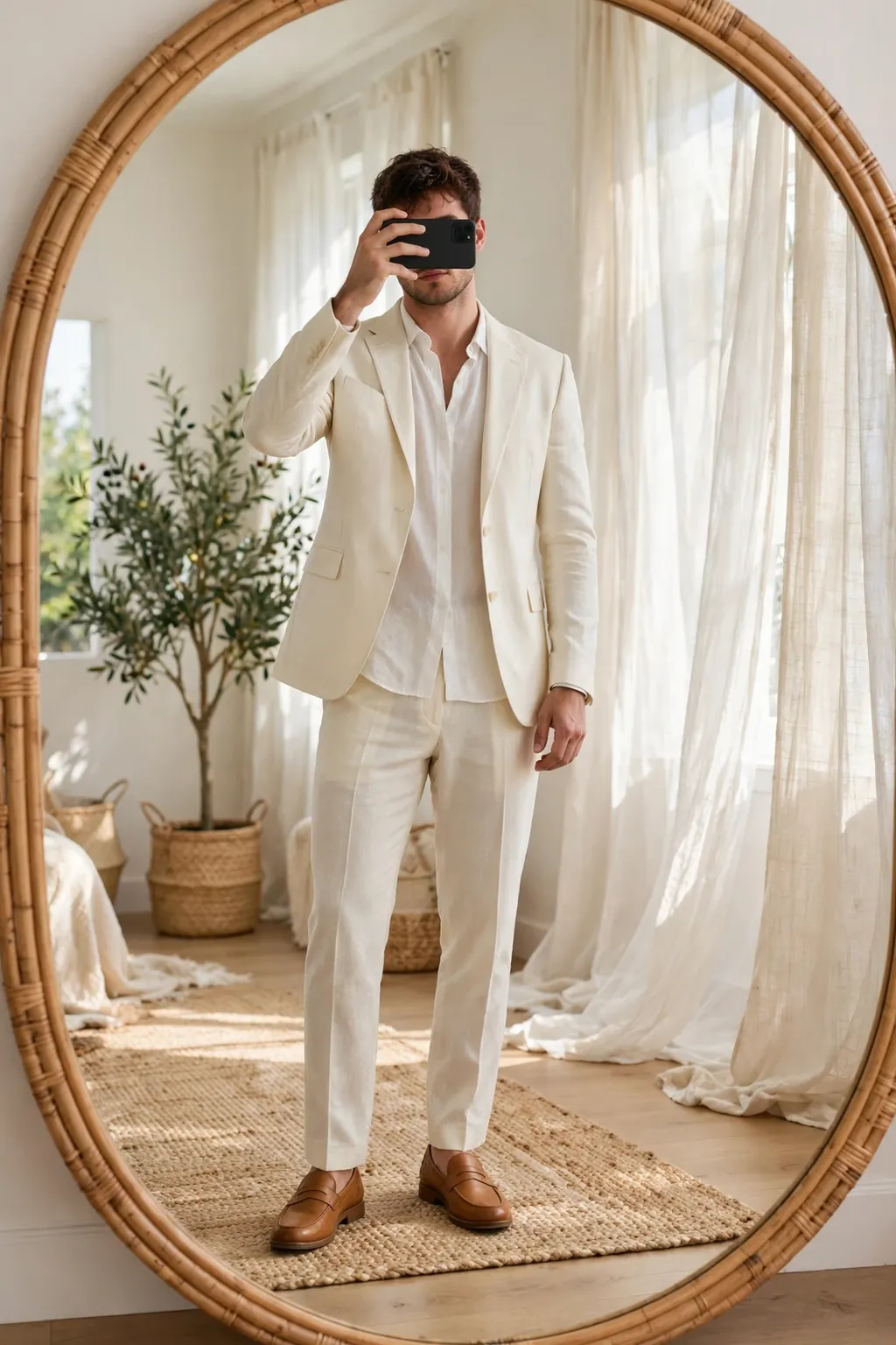 Young man in an ivory summer suit with open-collar white shirt and tan loafers, mirror selfie
