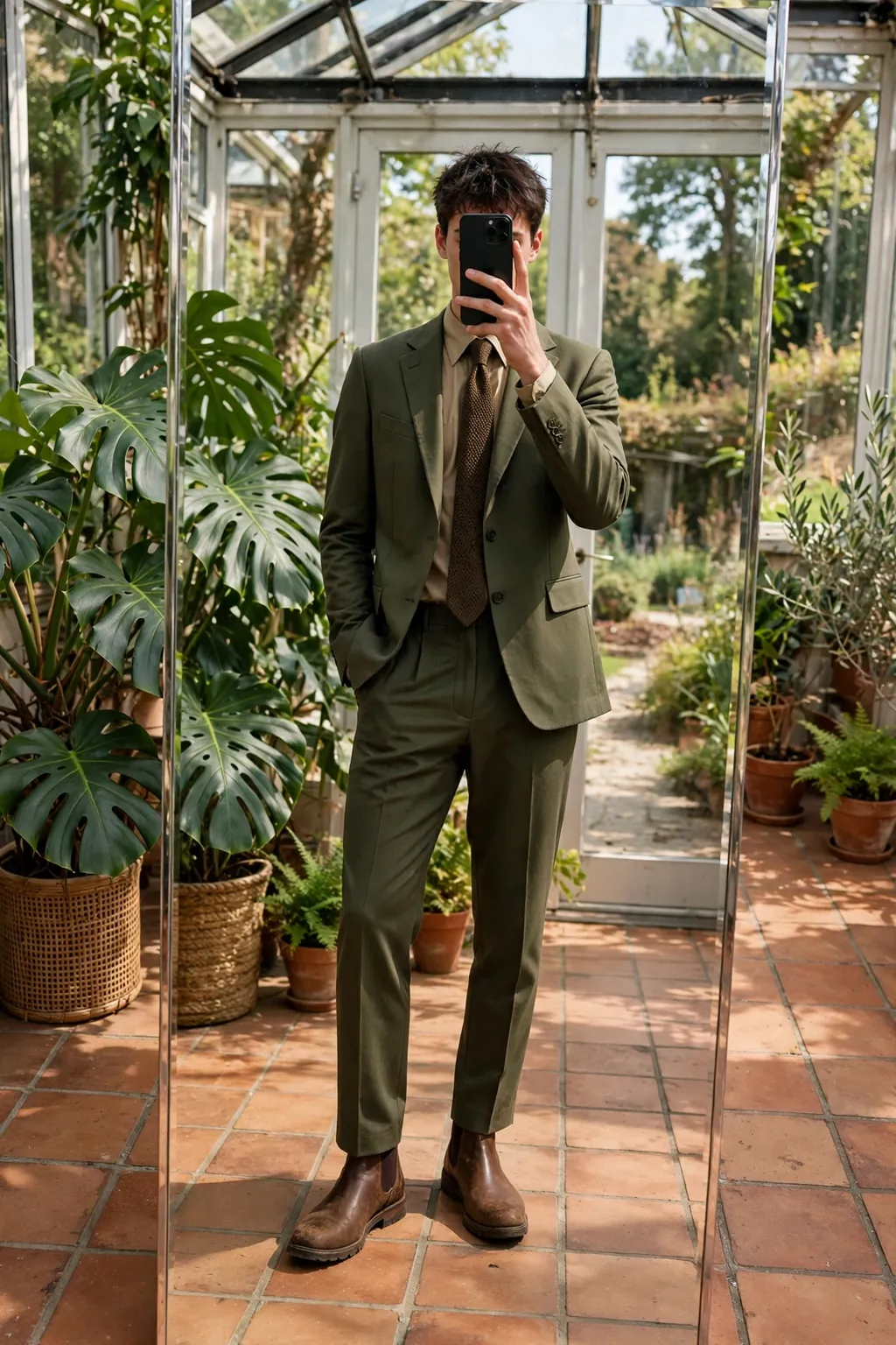 Young man in an olive green suit with beige shirt and brown knit tie, mirror selfie