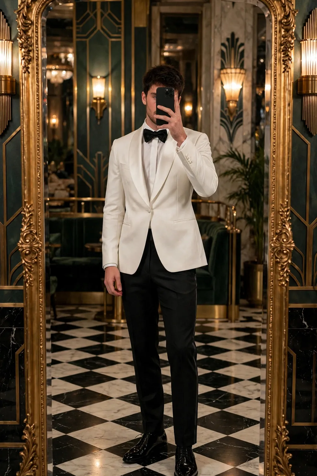 Young man in a white dinner jacket with black trousers and bow tie, mirror selfie