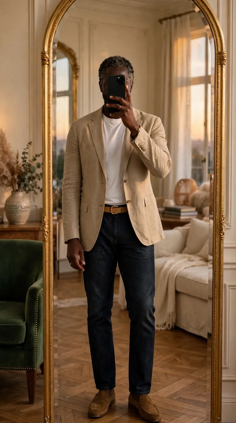 Black man in an unstructured sand blazer over a white tee with dark jeans and suede loafers, mirror selfie