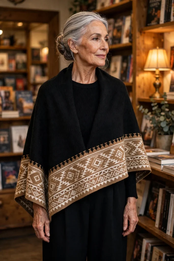 Black Poncho + Wide-Leg Trousers