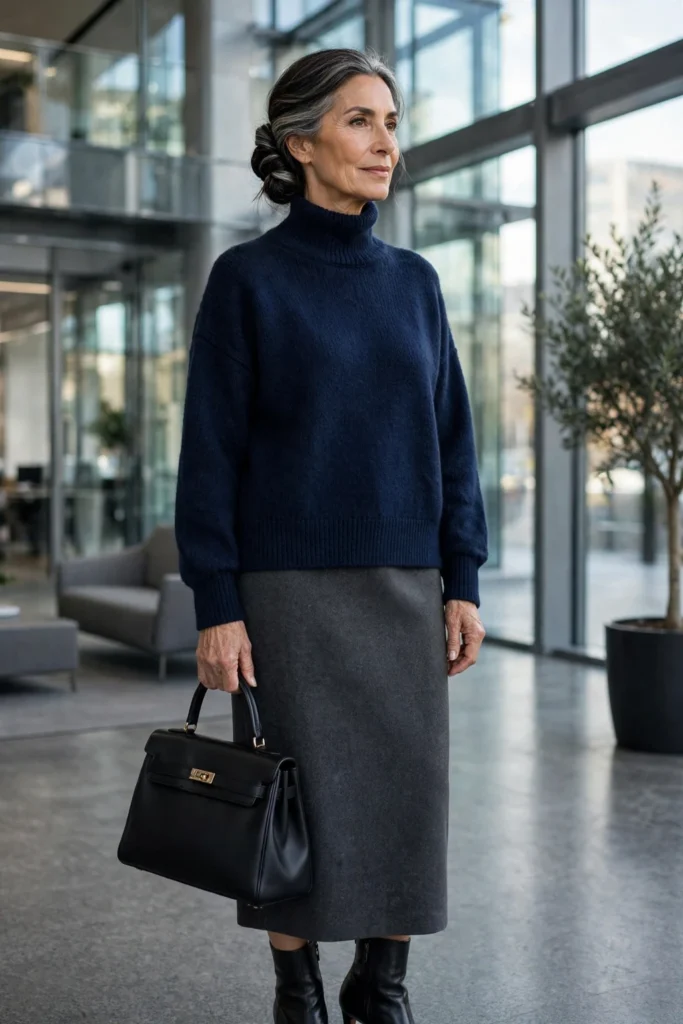 Navy High-Neck Sweater + Charcoal Midi Skirt