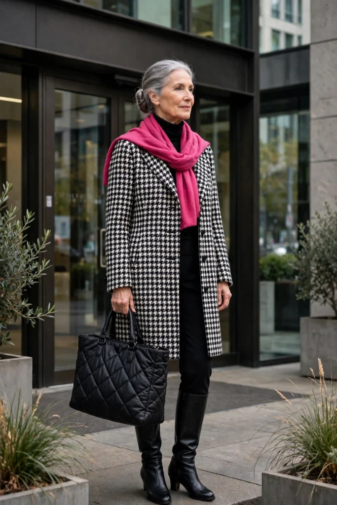 Monochrome Coat with Raspberry Scarf