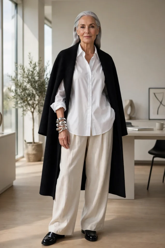 White Shirt + Wide-Leg Trousers + Black Coat