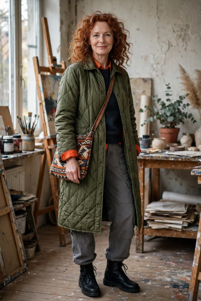 Olive Coat with Relaxed Gray Trousers